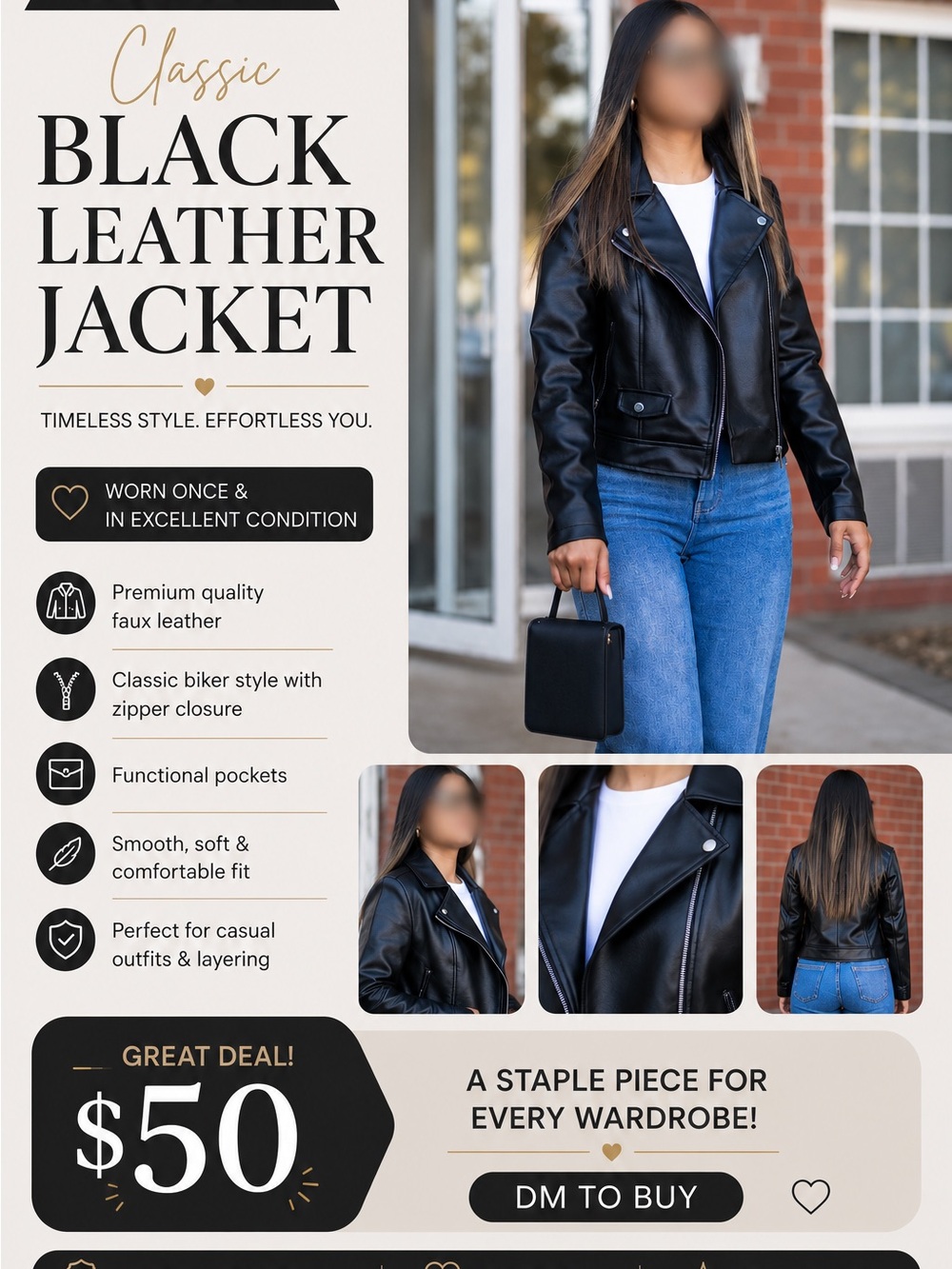 Guess Black Faux Leather Biker Jacket